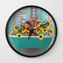 bathtub with Highland cow and sunflowers Wall Clock