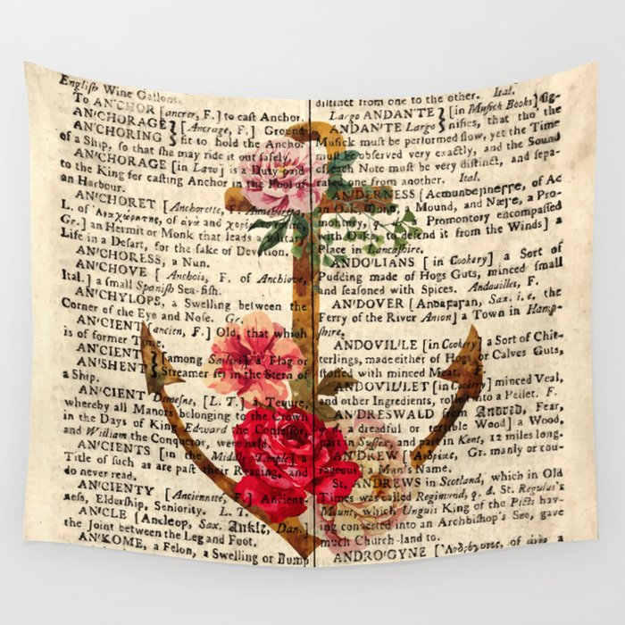 Vintage Anchor with Flowers Dictionary Art Wall Tapestry
