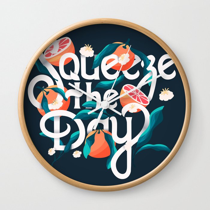 Squeeze the day lettering illustration with oranges on dark blue background VECTOR Wall Clock