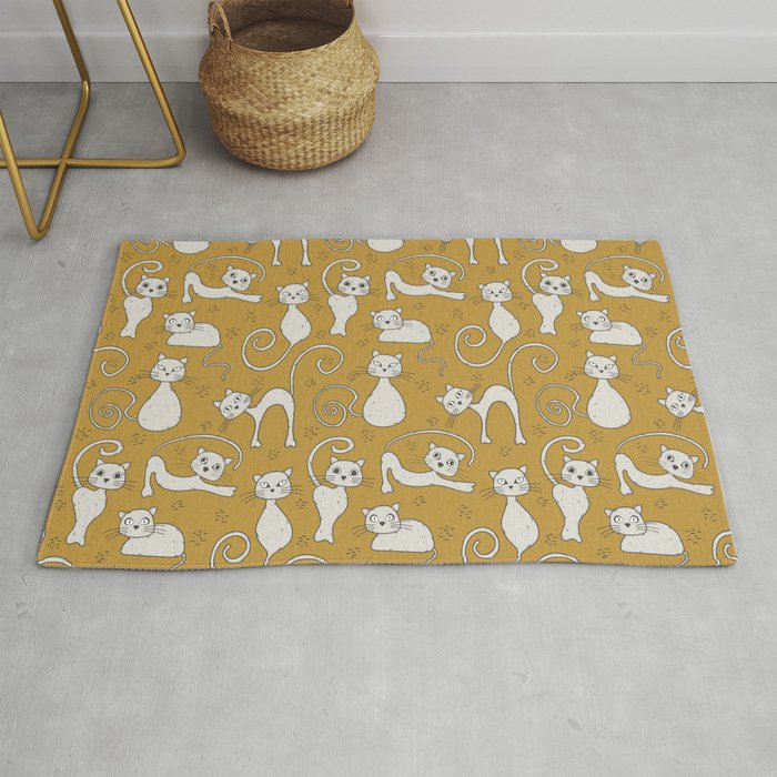 Mustard yellow and off-white cat pattern Rug