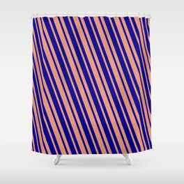 [ Thumbnail: Dark Blue and Dark Salmon Colored Lines/Stripes Pattern Shower Curtain ]