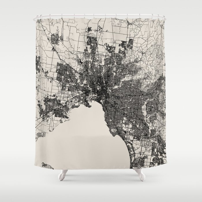 Australia, Melbourne - Black and White Illustrated Map Shower Curtain
