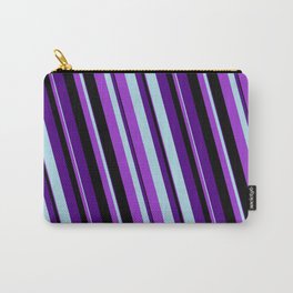 [ Thumbnail: Indigo, Light Blue, Dark Orchid & Black Colored Striped Pattern Carry-All Pouch ]
