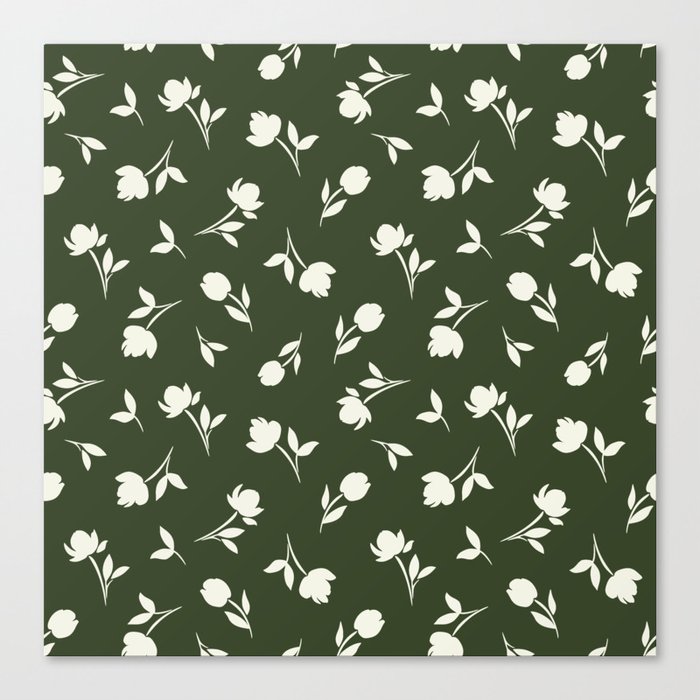 Green floral pattern with flowers silhouettes Canvas Print
