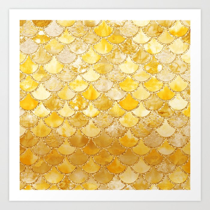 Sunny Gold Colorful Watercolor Trendy Glitter Mermaid Scales Art Print