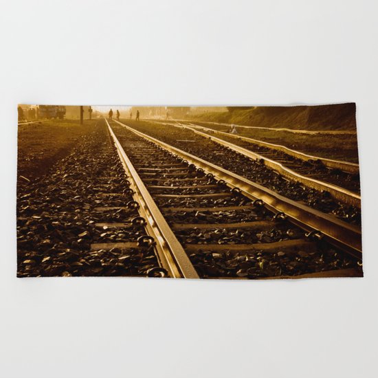 Railway Tracks at sunrise and twilight sky Beach Towel