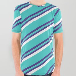 [ Thumbnail: Turquoise, Dark Slate Blue & White Colored Striped Pattern All Over Graphic Tee ]