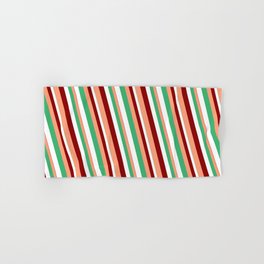 [ Thumbnail: Sea Green, White, Dark Red & Light Salmon Colored Lines/Stripes Pattern Hand & Bath Towel ]