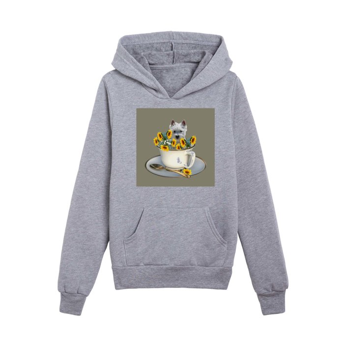 Terrier dog in coffee cup with yellow sunflowers Kids Pullover Hoodie