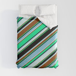 [ Thumbnail: Vibrant Green, Black, Sky Blue, Light Cyan & Brown Colored Lined/Striped Pattern Duvet Cover ]