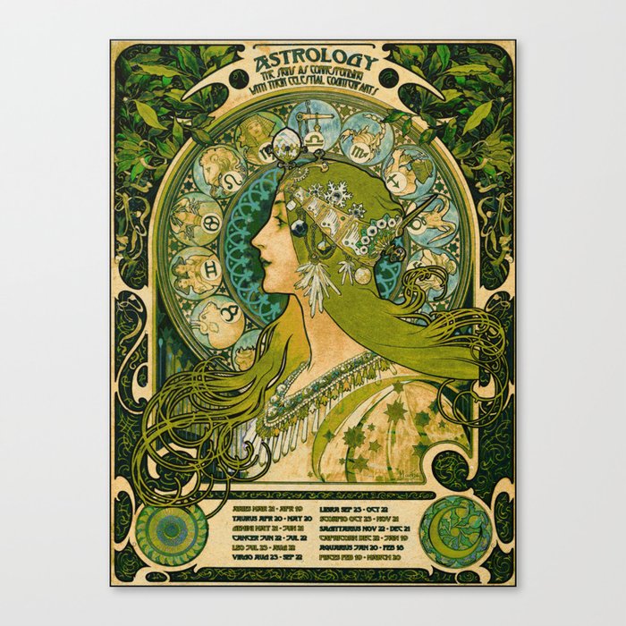 Emerald Green Vintage Astrology Poster | Alphonse Mucha Canvas Print