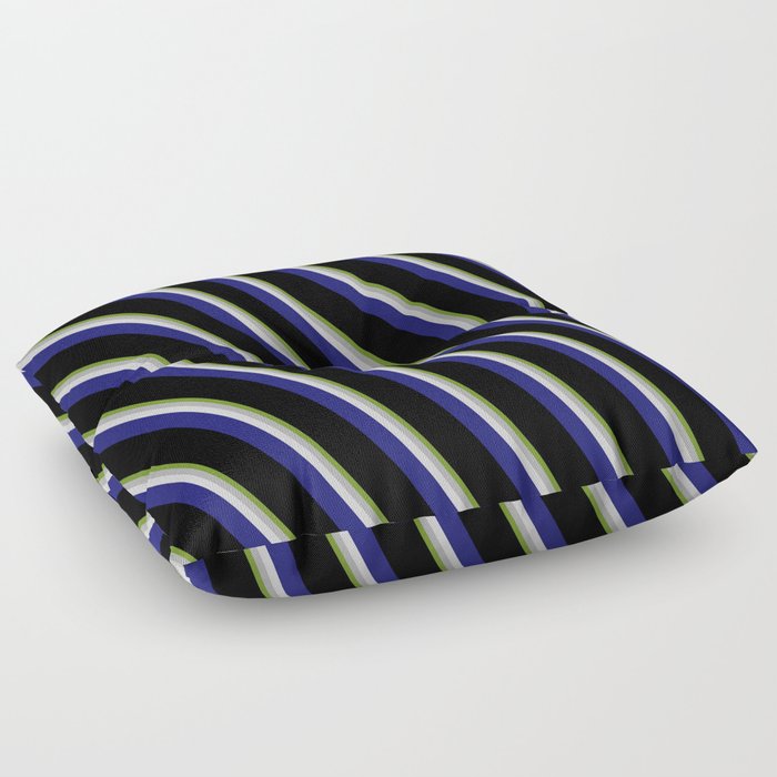 Vibrant Green, Dark Gray, Light Grey, Midnight Blue, and Black Colored Pattern of Stripes Floor Pillow