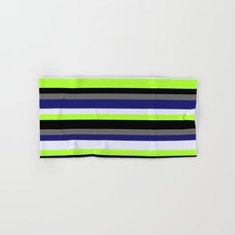 [ Thumbnail: Eyecatching Midnight Blue, Lavender, Light Green, Black, and Dim Gray Colored Stripes/Lines Pattern Hand & Bath Towel ]
