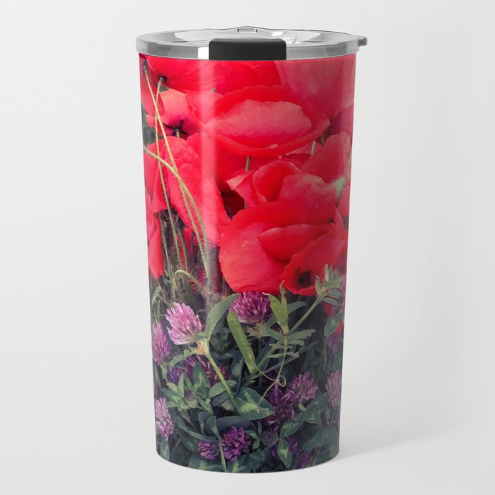 Summer red poppies and clover bloquet in woman's hand field essence Travel Mug