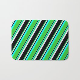 [ Thumbnail: Cyan, Lime Green, Lavender, and Black Colored Pattern of Stripes Bath Mat ]