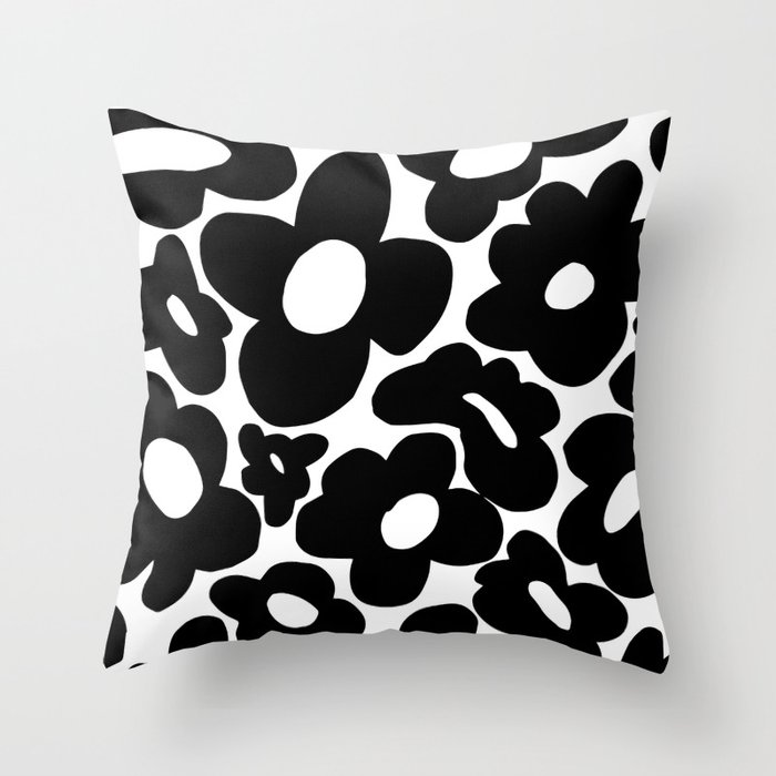60s 70s Hippie Flowers Black Throw Pillow