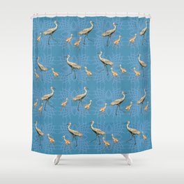Sandhill Cranes with Babies Pattern Blue Shower Curtain