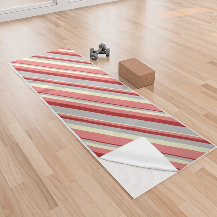 Light Yellow, Light Coral, Red, and Grey Colored Lines/Stripes Pattern Yoga Towel