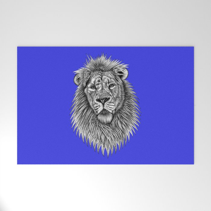 Asiatic lion - big cat - ink illustration - blue Welcome Mat