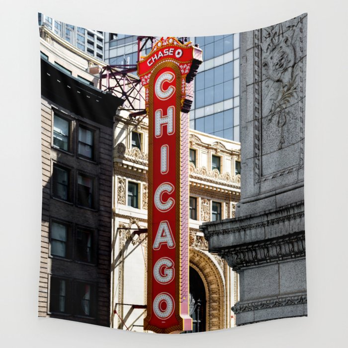 Chicago Theatre Vertical Sign Theater in Urban Loop Windy City Chicago Sign Wall Tapestry