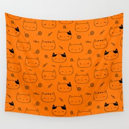 Orange and Black Doodle Kitten Faces Pattern Wall Tapestry