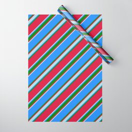[ Thumbnail: Crimson, Powder Blue, Blue & Green Colored Pattern of Stripes Wrapping Paper ]