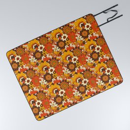 Retro 70s Flower Power, Floral, Orange Brown Yellow Psychedelic Pattern Picnic Blanket