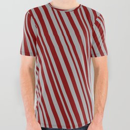 [ Thumbnail: Maroon and Dark Gray Colored Striped Pattern All Over Graphic Tee ]