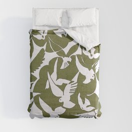 Pigeons in Olive and White Comforter