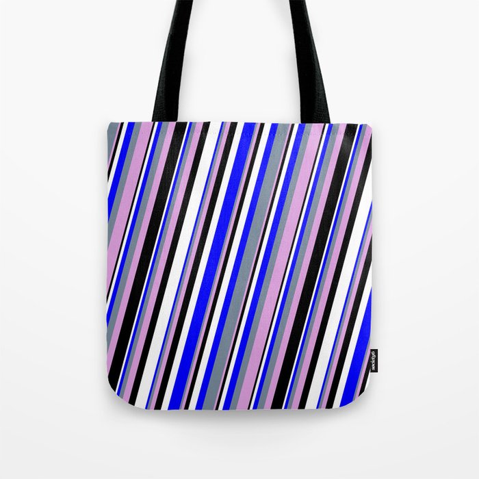 Blue, Light Slate Gray, Plum, Black & White Colored Stripes/Lines Pattern Tote Bag