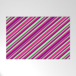 [ Thumbnail: Green, Deep Pink, and Purple Colored Stripes/Lines Pattern Welcome Mat ]