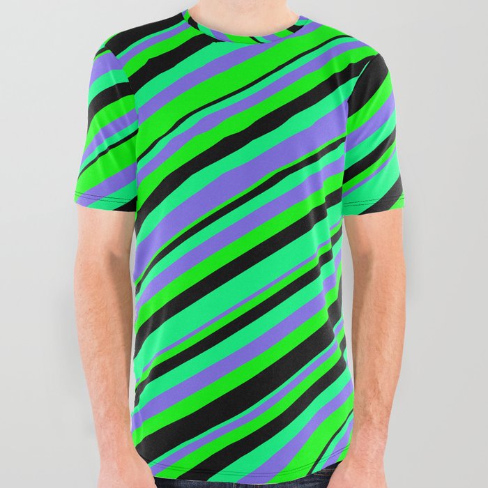 Green, Medium Slate Blue, Lime & Black Colored Stripes/Lines Pattern All Over Graphic Tee
