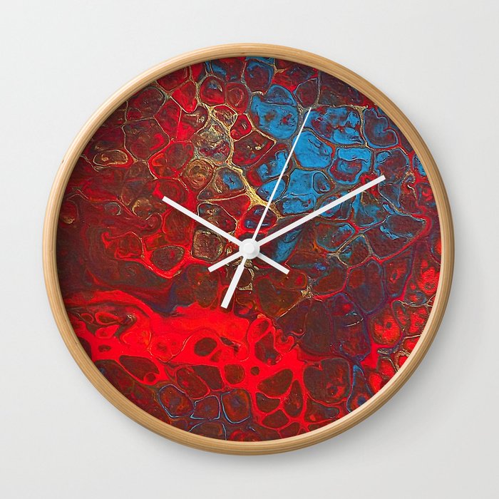 Vibrant Red Blue And Gold Fluid Abstract Art Fire Away Wall Clock By Colorflowcreations