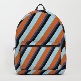 [ Thumbnail: Orchid, Dark Slate Gray, Black, Light Blue & Chocolate Colored Striped/Lined Pattern Backpack ]