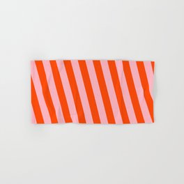 [ Thumbnail: Light Pink & Red Colored Pattern of Stripes Hand & Bath Towel ]