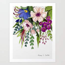 Hanging florals - pink and blue flowers with folliage  Art Print