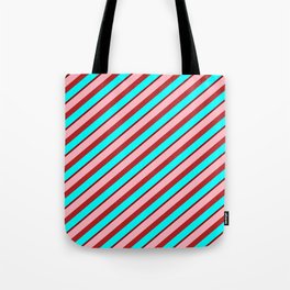 [ Thumbnail: Light Pink, Red, Aqua & Dark Red Colored Stripes/Lines Pattern Tote Bag ]