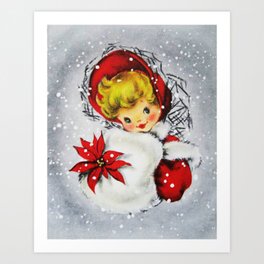 Vintage Christmas Girl & Poinsettia Art Print