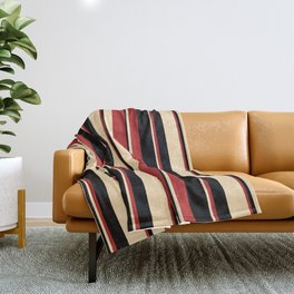 [ Thumbnail: Beige, Red, and Black Colored Striped Pattern Throw Blanket ]