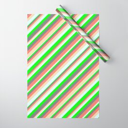 [ Thumbnail: Vibrant Gray, Salmon, Tan, Light Cyan & Lime Colored Striped Pattern Wrapping Paper ]