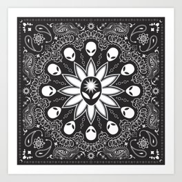 Alien Paisley Black Art Print | Ornament, Stars, Gift, Flower, Black, Vector, Galaxy, Black And White, Illustration, Symetric 