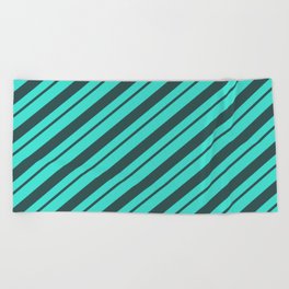 [ Thumbnail: Dark Slate Gray & Turquoise Colored Stripes Pattern Beach Towel ]