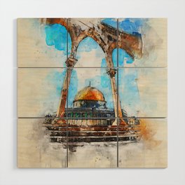 painting. Watercolor Al-Aqsa Mosque Dome of the Rock in the Old City - Jerusalem, Israel Wood Wall Art