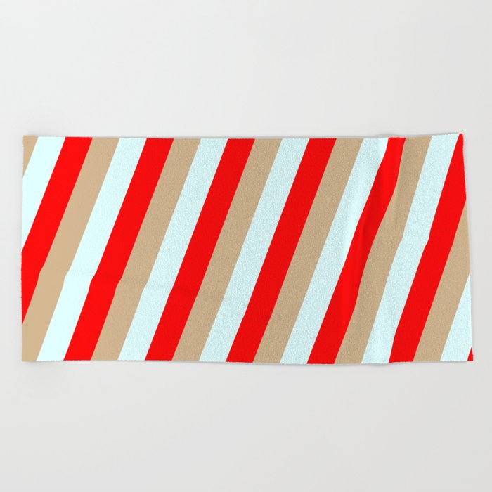 Tan, Light Cyan, and Red Colored Stripes Pattern Beach Towel