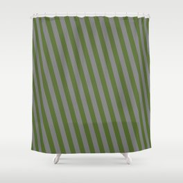 [ Thumbnail: Dark Olive Green & Grey Colored Lined Pattern Shower Curtain ]