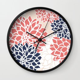 Flower Blooms, Coral Pink, Blush, Navy Blue Wall Clock