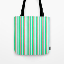 [ Thumbnail: Dark Salmon, Green & Lavender Colored Striped/Lined Pattern Tote Bag ]