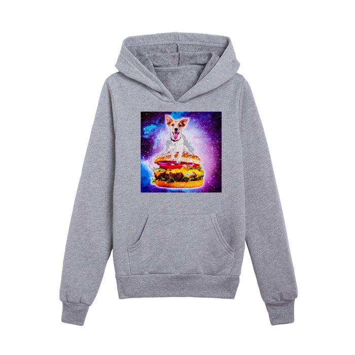 Outer Space Galaxy Dog Riding Burger Kids Pullover Hoodie