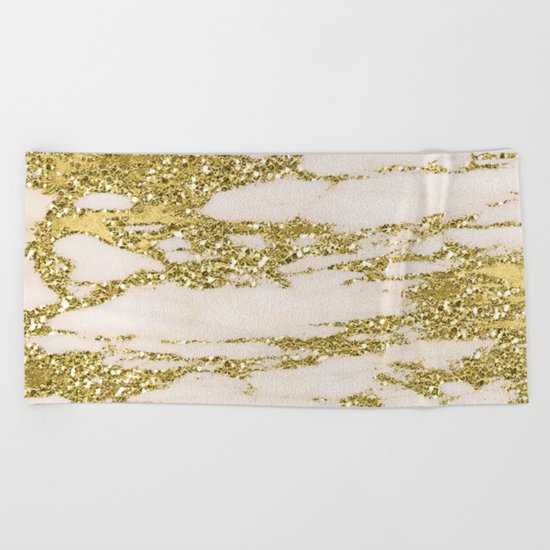 Marble - Gold Marble Glittery Light Pink and Yellow Gold Beach Towel