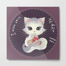 I need your heart for my ramen Metal Print | Kitten, Funny, White, Cat, Noodle, Eat, Food, Illustration, Soup, Humanheart 